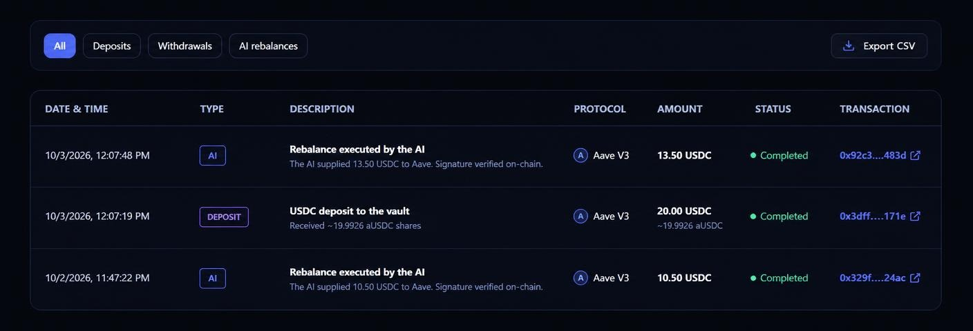 ArbiAgent activity table showing deposits and AI rebalances